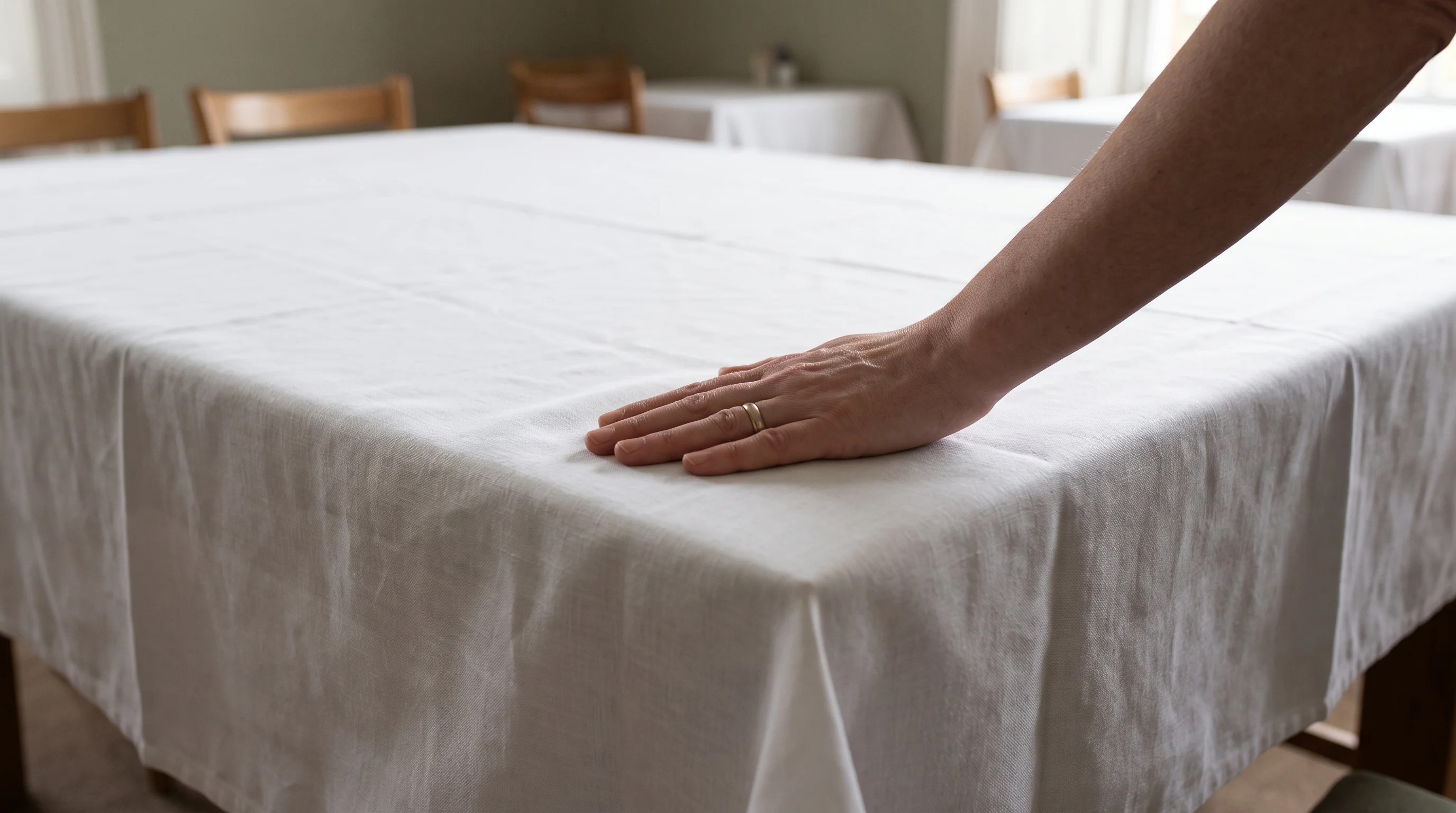 A hand smoothing a white tablecloth on the upstairs table in soft daylight