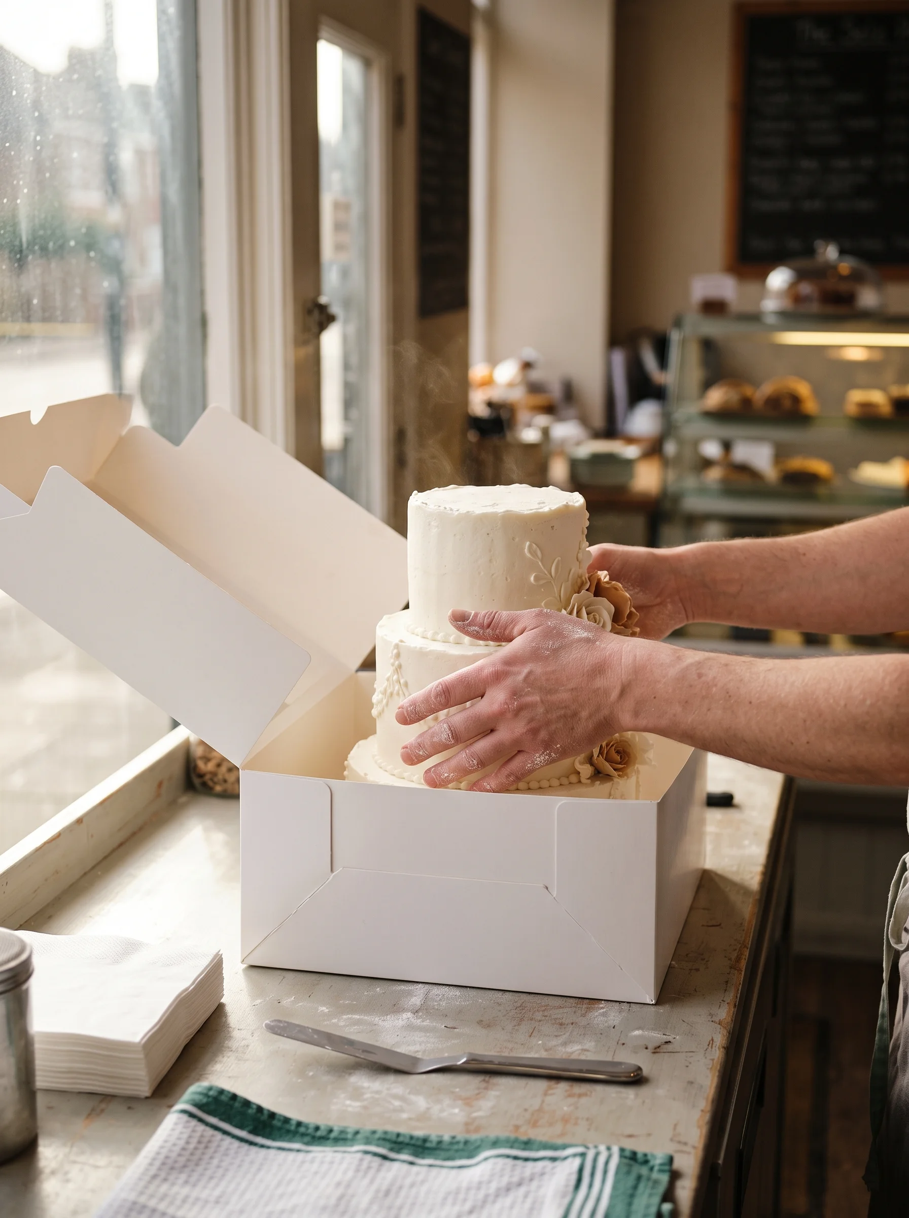 A finished celebration cake being lowered into a white box on the counter by flour-dusted hands