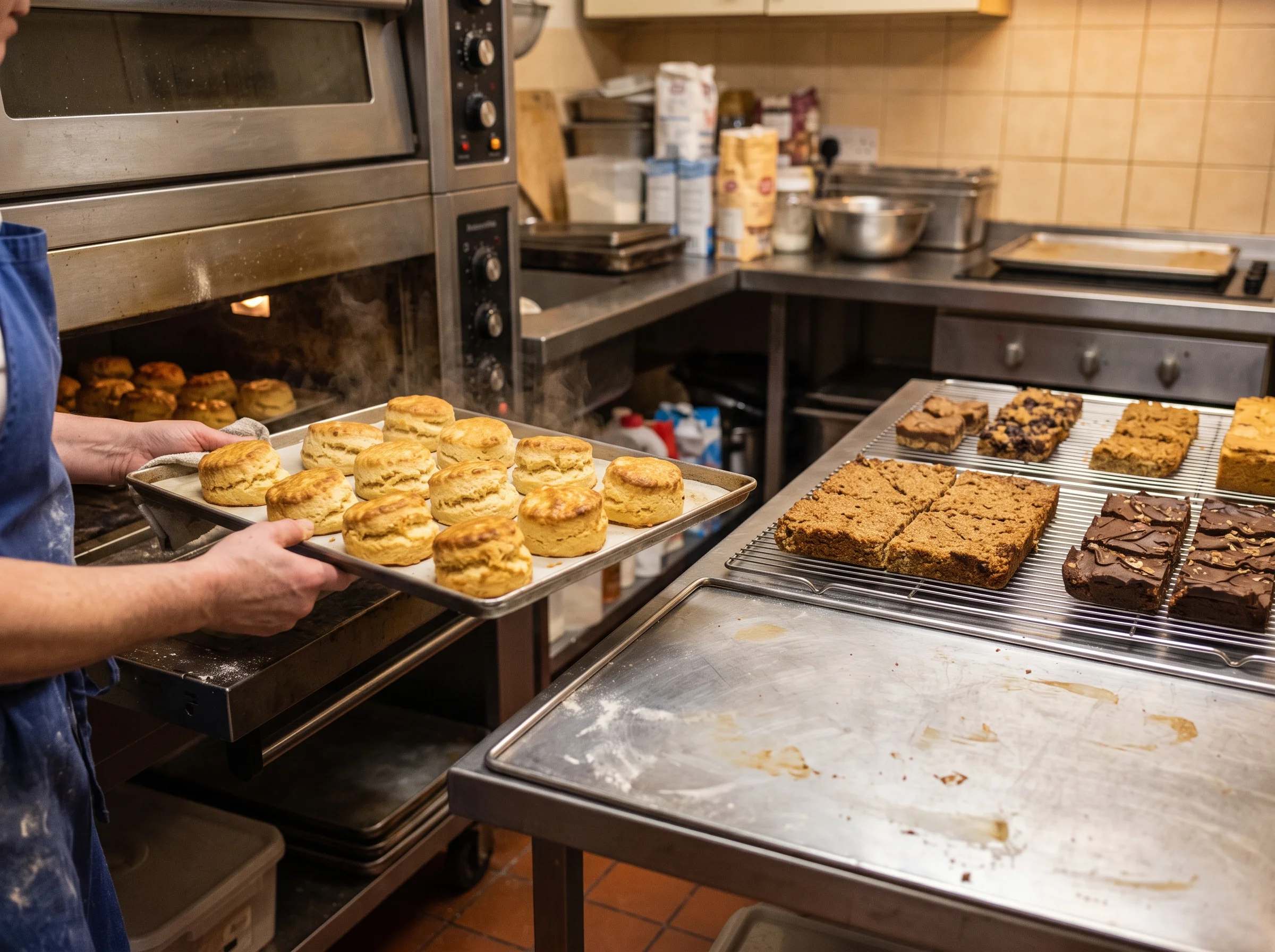 A tray of scones coming out of the oven with traybakes cooling alongside