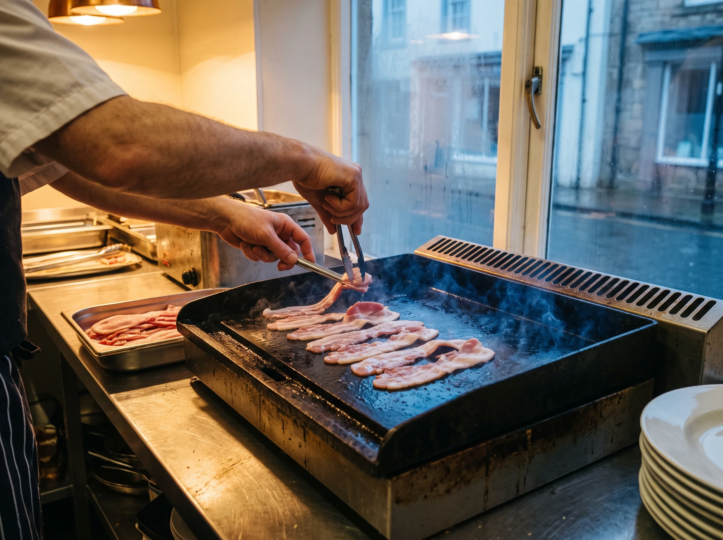 Bacon going onto the hot griddle at seven in the morning