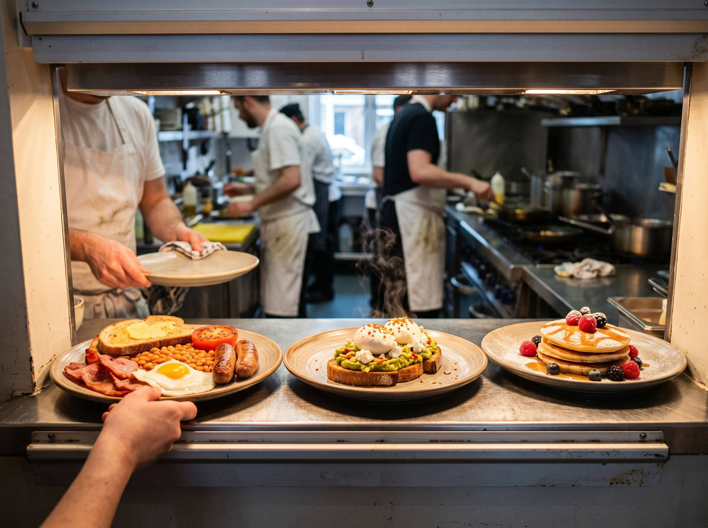 Brunch plates waiting on the serving hatch pass with order slips clipped above