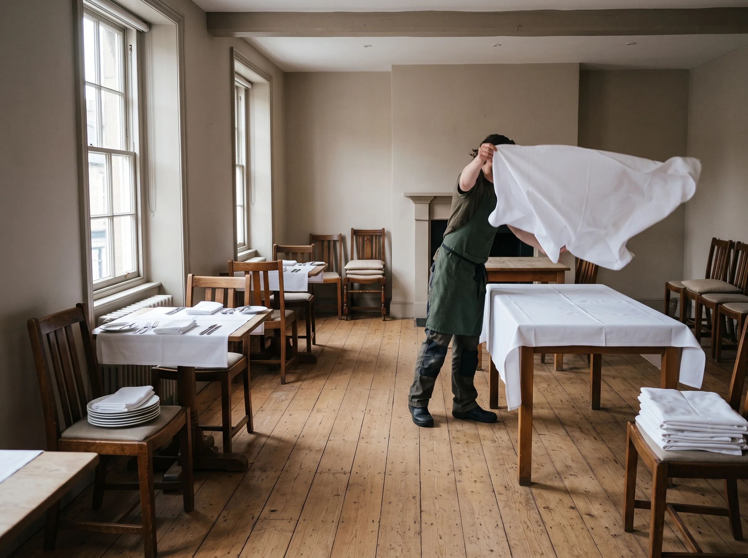 A white tablecloth shaken out over a trestle table upstairs, chairs half-set around it