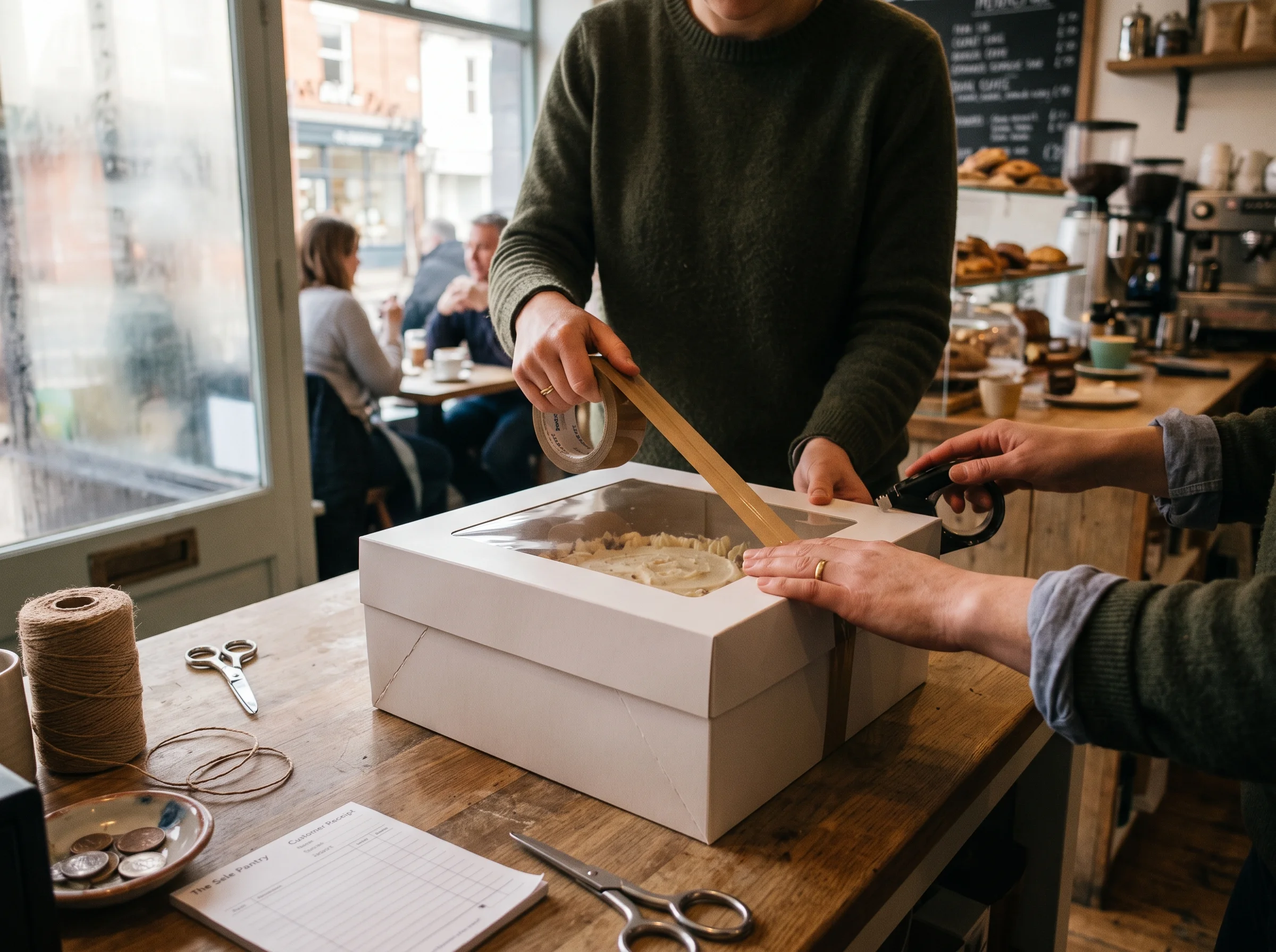 A white cake box being taped shut on the counter, ready for collection