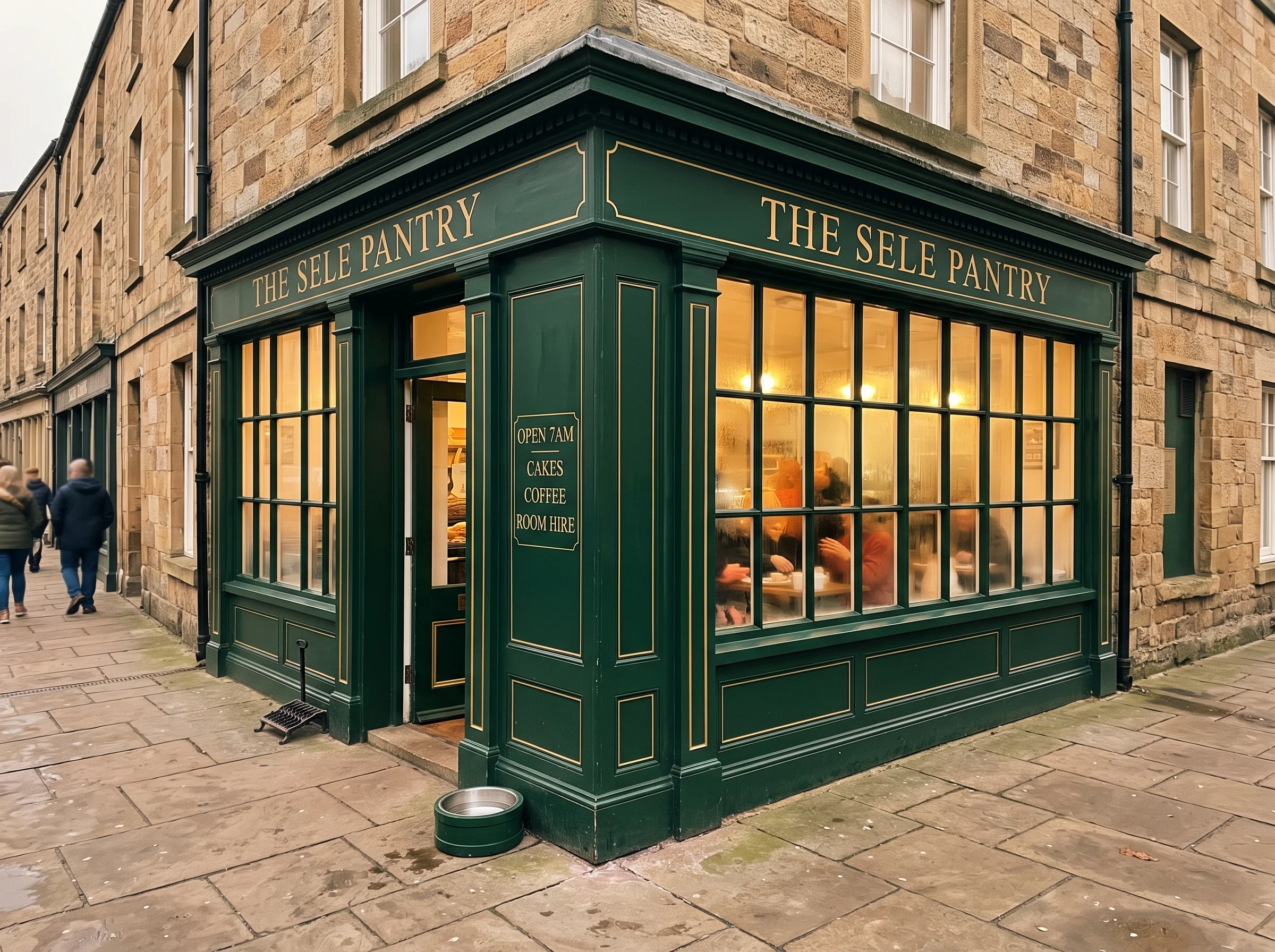 The painted bottle-green shopfront seen from across the street, windows glowing against Hexham sandstone