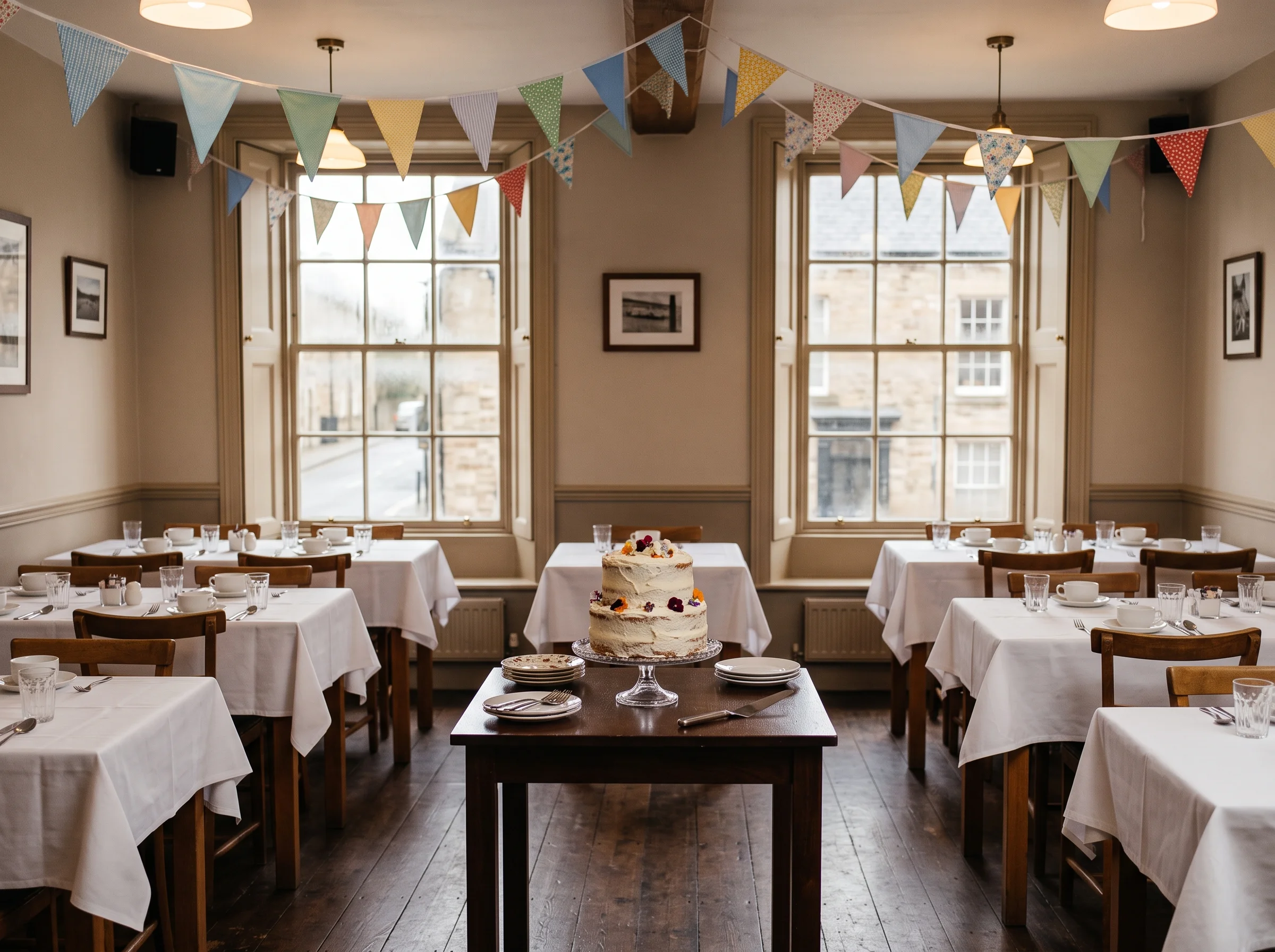 The upstairs room set for a christening tea, a celebration cake centred on a white-clothed table with bunting