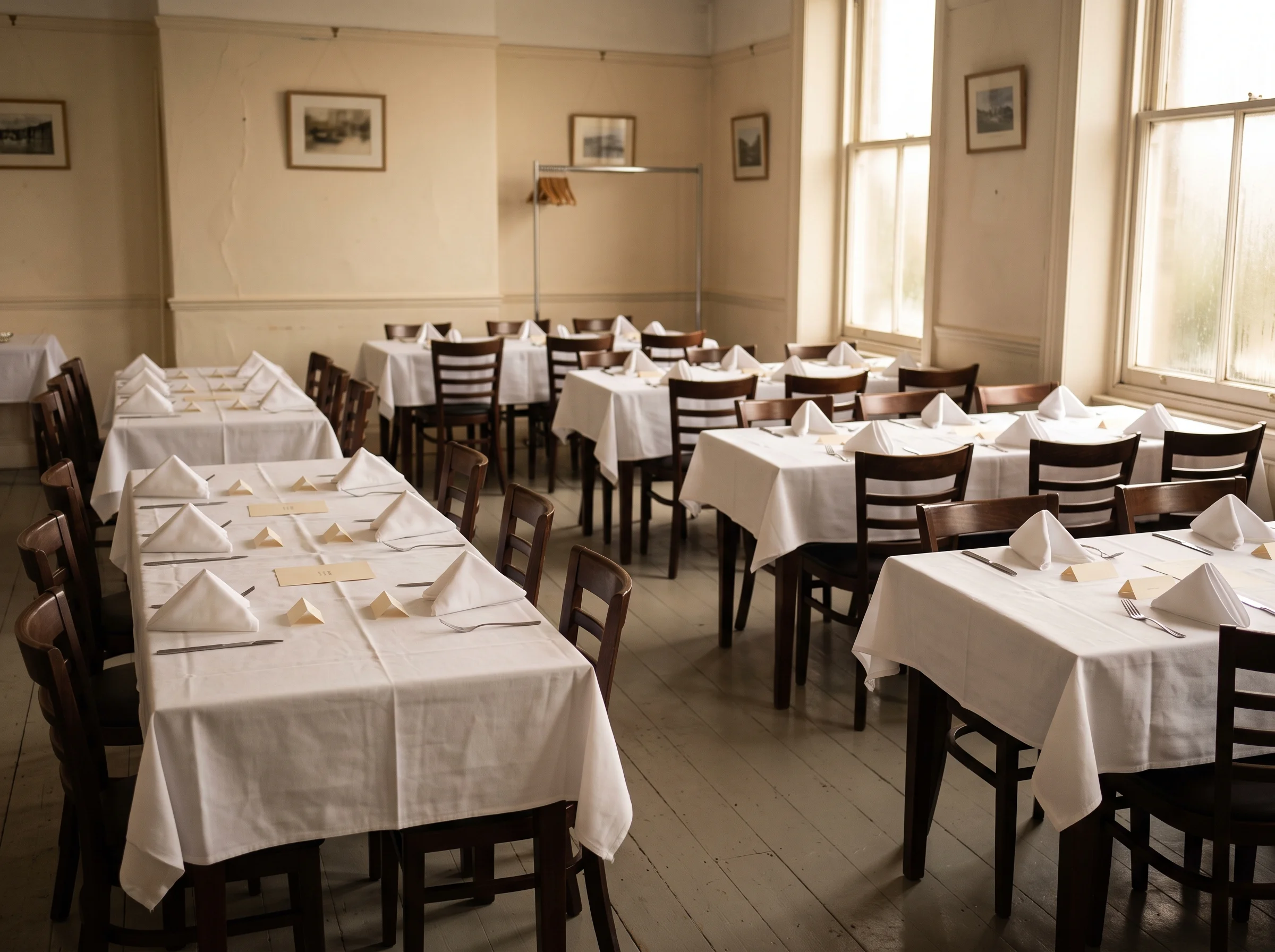 The same upstairs room laid plainly with white cloths, folded napkins and chairs set for a wake