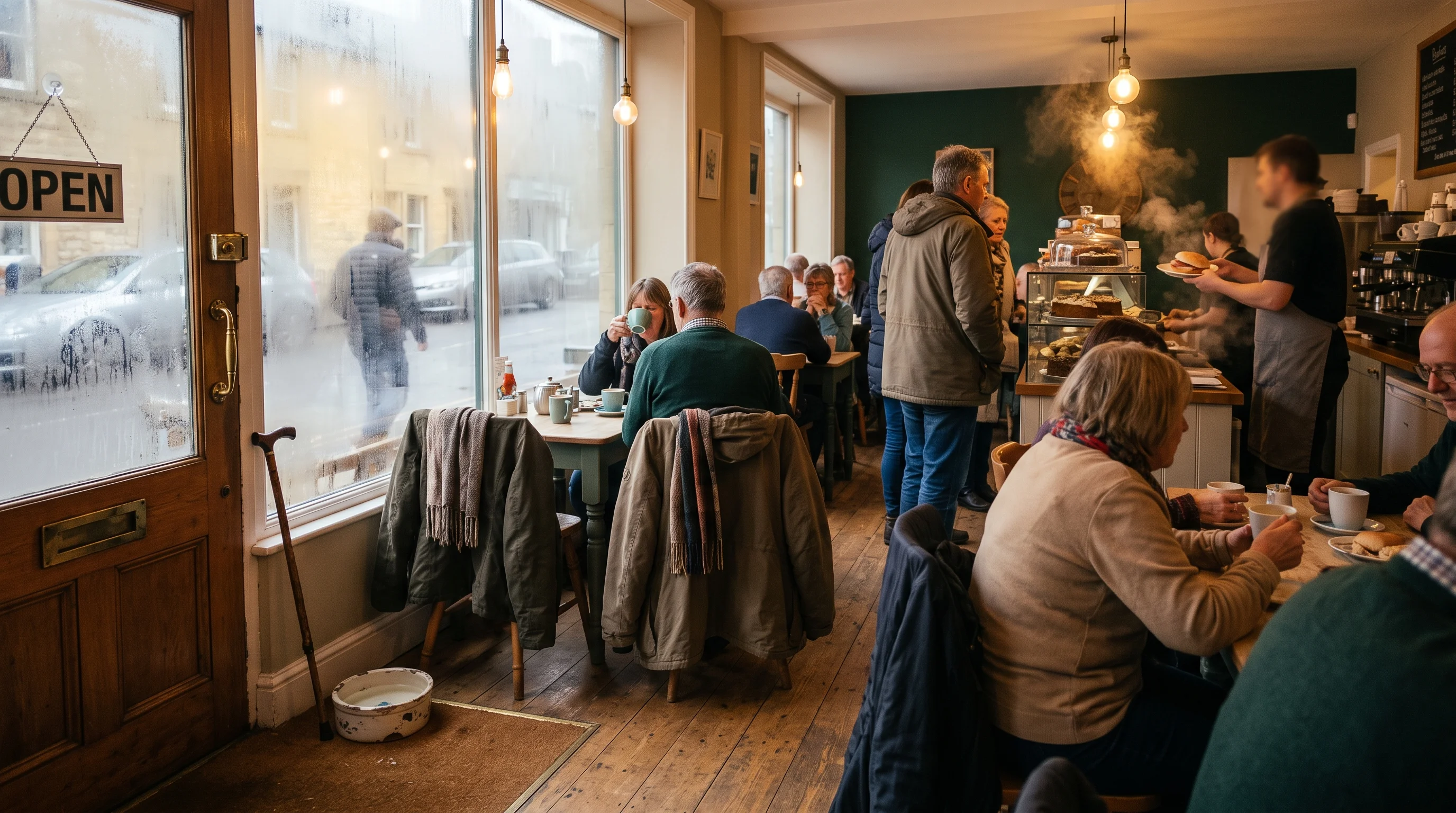 The busy front room mid-morning, coats on chair backs, a dog bowl by the door and steam on the window